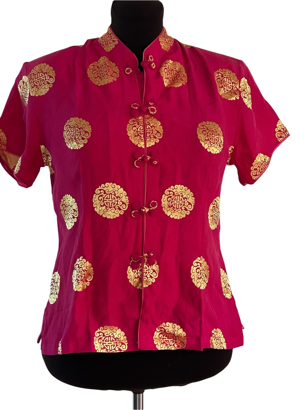 Tan Brand Asian Top XL New Hot Pink And Gold 100 Percent Silk Button Blouse NWT